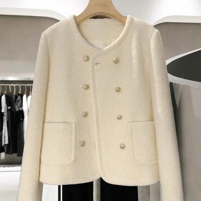 Rundhals Strickjacke mit Knöpfen Langarm Herbst und Winter Beige Verdickt Warm Anzugjacke Damen Freizeit Oberteil
