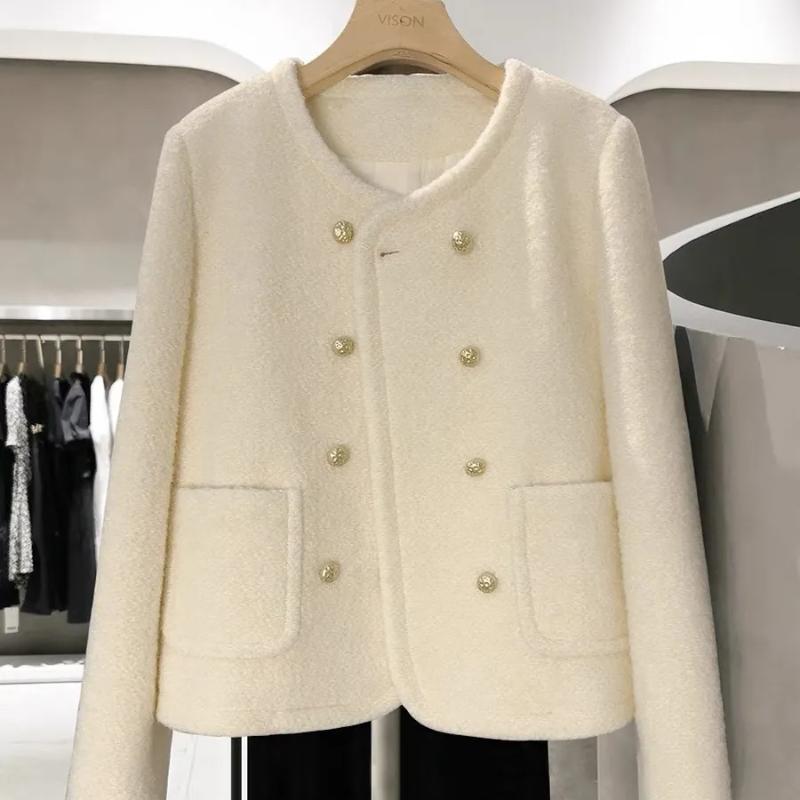 Round Neck Button Cardigan Long Sleeve Autumn and Winter Beige Thickened Warm Suit Jacket Women's Casual Top