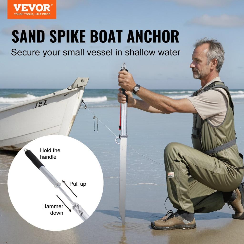 Sand Spike Boat Anchor Pole, 36" Galvanized Carbon Steel Slide Anchor Shore Spike, Self-Hammering Beach Spike Anchor for Small Boat Jetski Pontoon