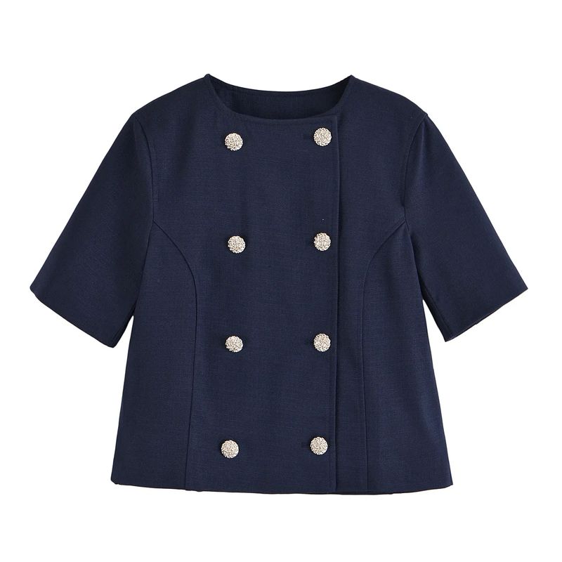 Short Sleeve round Neck Double Breasted Decorated Row Button Tops 2902835 High Waist Straight-leg Minimalist Casual Pants 2899835