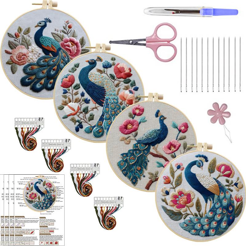 1 Stk. Pfau Blumenmuster Stickerei DIY Stoff Bastelset mit Werkzeugen