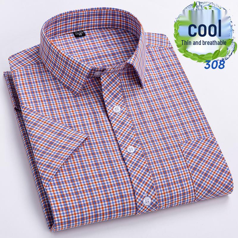 Men's Summer Plaid Cotton Short Sleeve Shirt - Breathable & Sweat-Absorbing