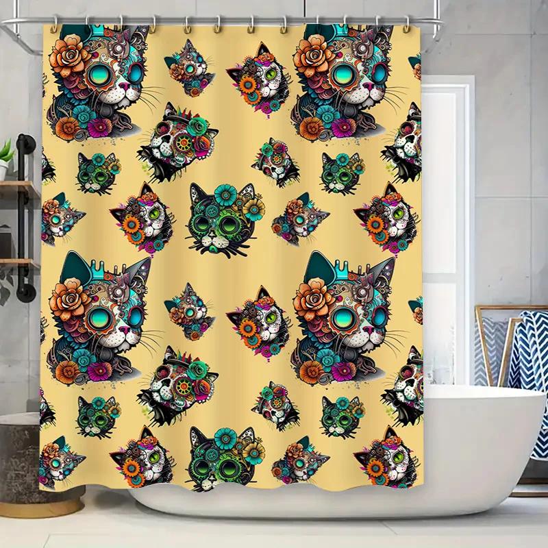 

Luxury Damask Shower Curtain Set White Floral Print Bath Rug Decor with 12 Hooks (Brown) W90XH180cm