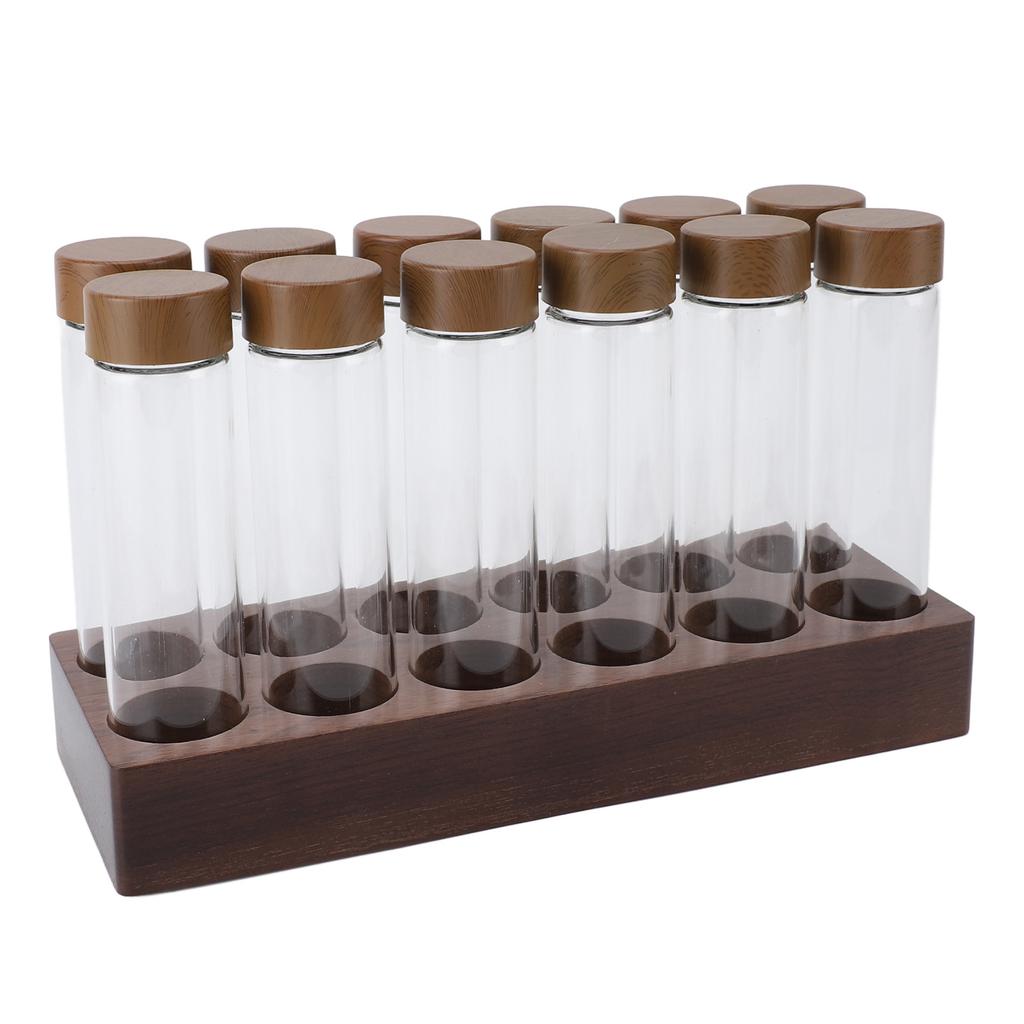 12pcs Coffee Bean Storage Tubes Glass Sealed Dosing Coffee Bean Jars with Walnut Stand Funnel for