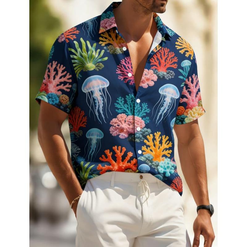 Men s Stylish Vibrant Hawaiian Style Short Sleeve Shirt - Tropical Marine Life Print Casual Top 4XL