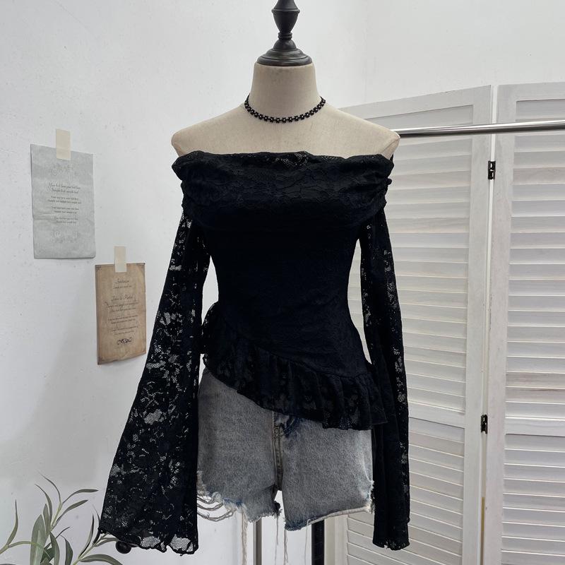 

Real Lace One-Shoulder Long-Sleeve Ruffled Slim Fit Bell Sleeve Crop Top One Size чорний