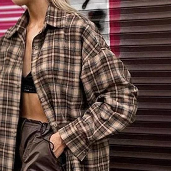 2024 European Retro Plaid Women's Long Loose Shirt
