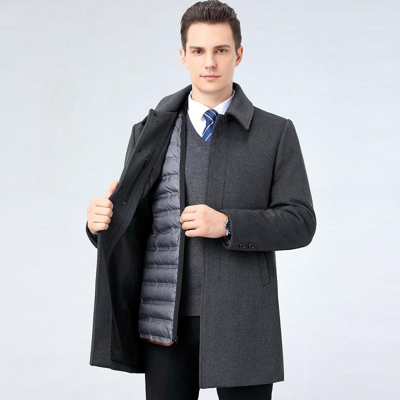 Double-sided Cashmere Coat for Business Men, Medium-length, Middle-aged, Woolen Woolen Thickened Down Jacket, Trendy