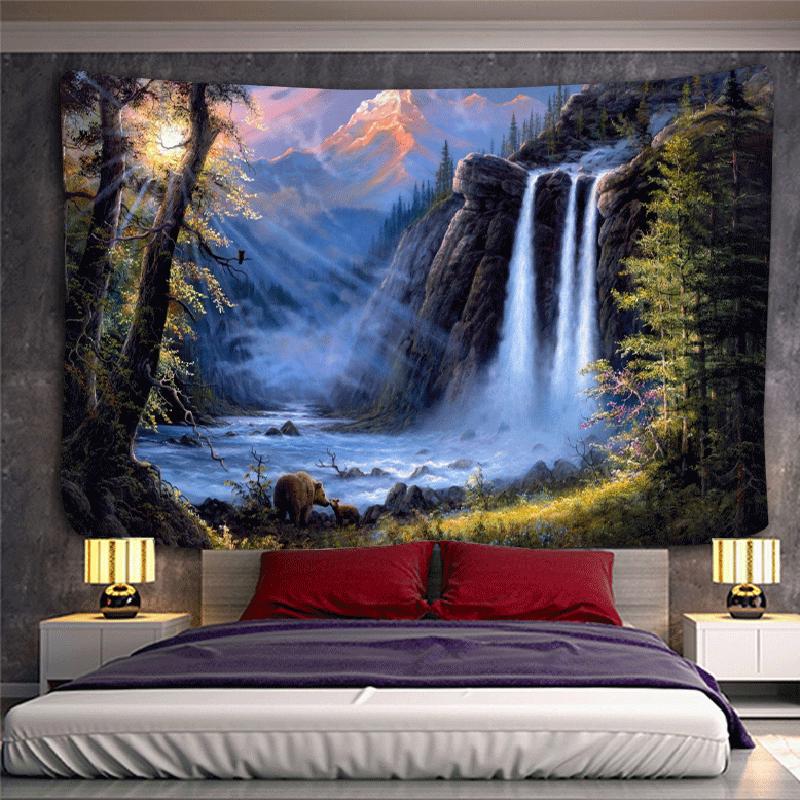 

Гобелен с водопадом, хиппи, лес, озеро, гора, настенный большой пейзажный гобелен, тканевый потолочный художественный фон, декор комнаты 100X75CM