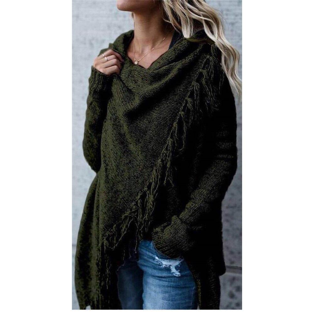 Женский зимний свитер с длинным рукавом и V-образным вырезом с кисточками L зелёный