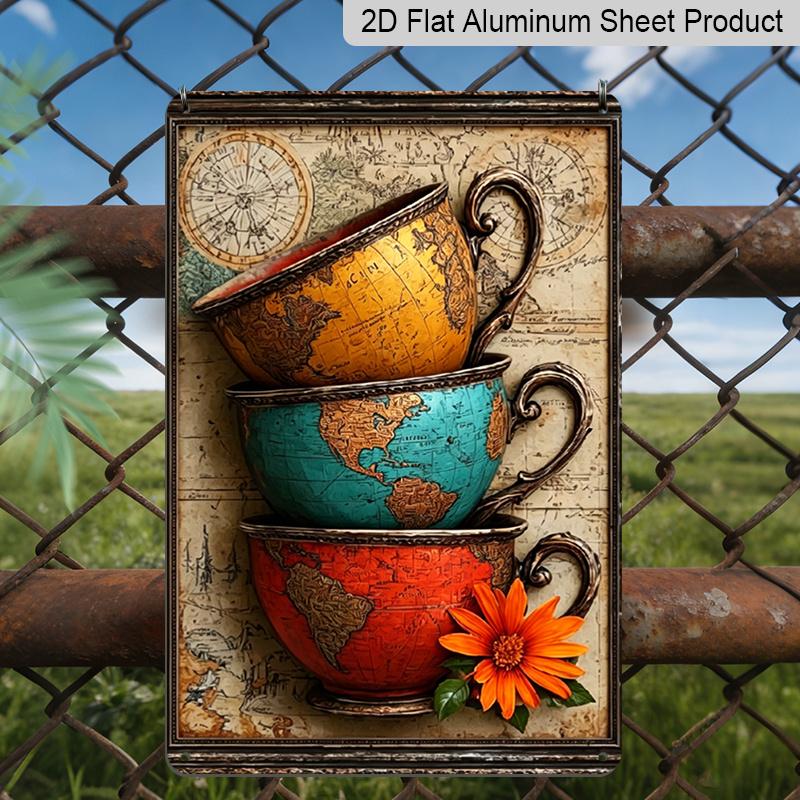 

2D Flat Retro Map Teacups Floral Daisy Aluminum Sign Travel Themed Wall Decor Kitchen Decor, Living Room, Office, Traveler Studio, Map Themed Room 20*30cm