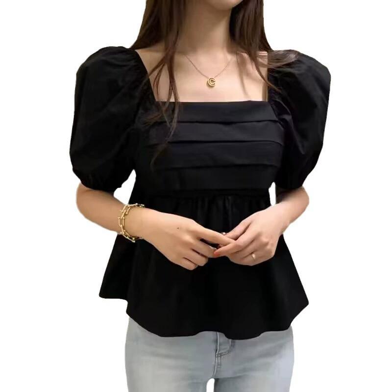 

Summer One Shoulder Square Neck Bubble Sleeve Short Sleeve Shirt for Women s Trendy Fashion Top XS чёрный