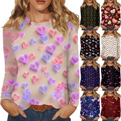 Women's Valentine's Day Fashionable Heart Print Round Neck Long Sleeve Pullover Top
