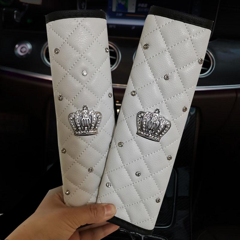 2pcs Universal Crystal Crown PU Leather Car Seat Belt Cover Diamond Shoulder Pad Car Styling Seatbelts Pad Car Accessories