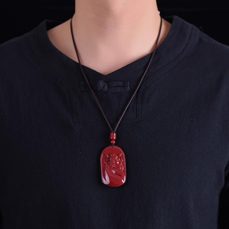 Authentic Natural Cinnabar Zhong Kui Pendant Necklace - Men's Charm Accessory