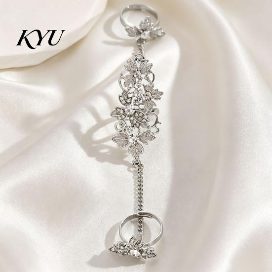 Women Hand Jewelry Rhinestone Flower Link Chain Ring, Bling Floral Leaf Full Finger Ring Statement with Chain, Adjustable Open for Girls