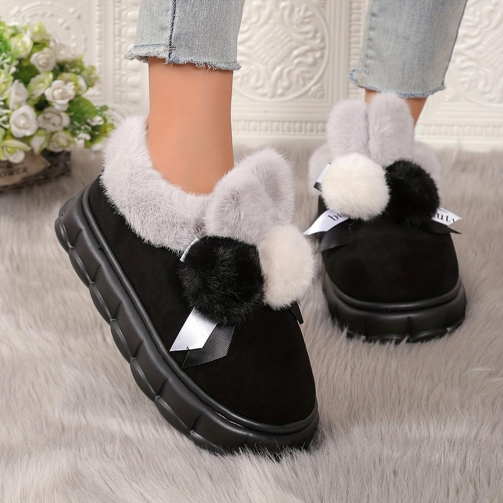 Thick Bottom Bow Rabbit Plush Cotton Shoes Household Women Home Simple Warm Snow Boots Anti-slip