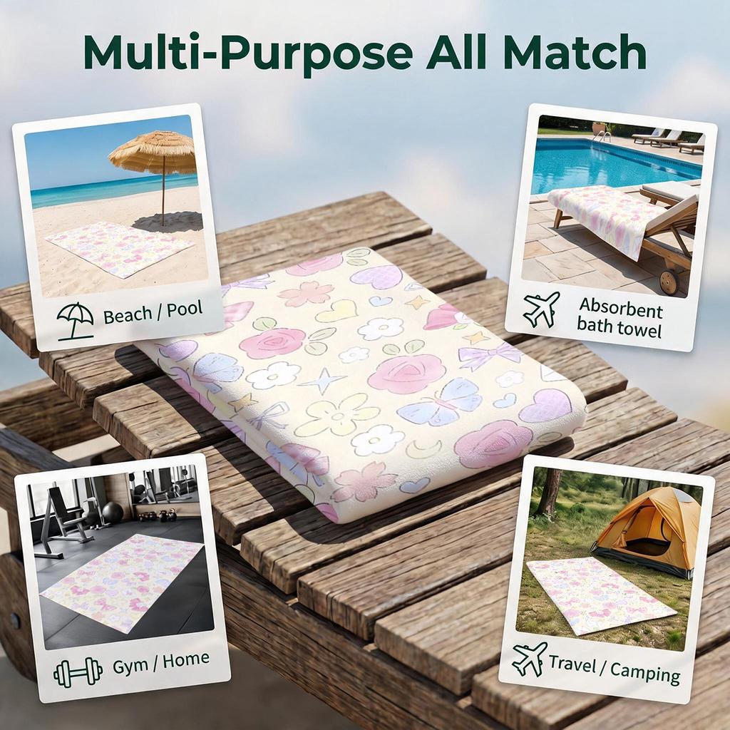 Cute Garden Print Beach Towel Sand Free Quick Dry Absorbent Thin Compact Towels for Swimming Pool Camping Beach Accessories