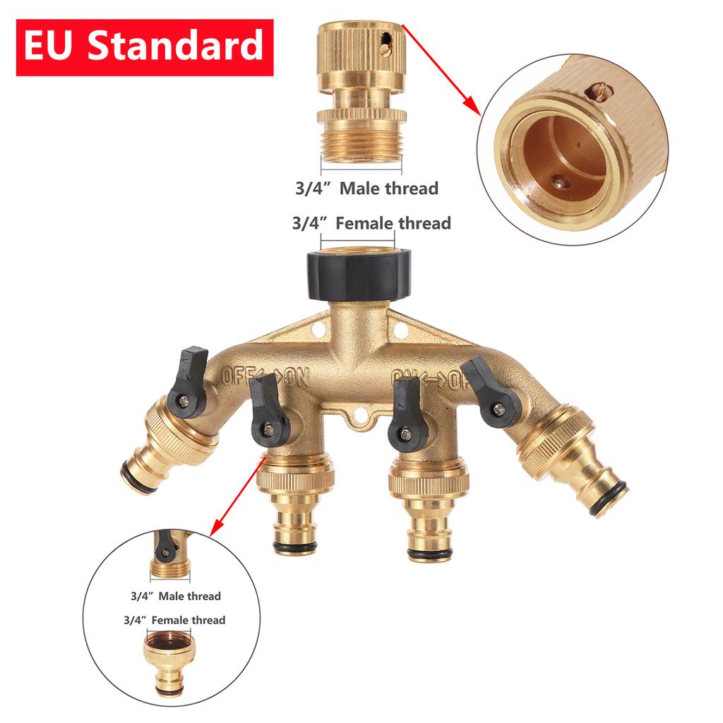 Brass EU/US 3/4" Female/Male Thread 4-Way Water Splitter With Valve Garden Irrigation Multi-Way Joint Tap Pipe Nipple Connector