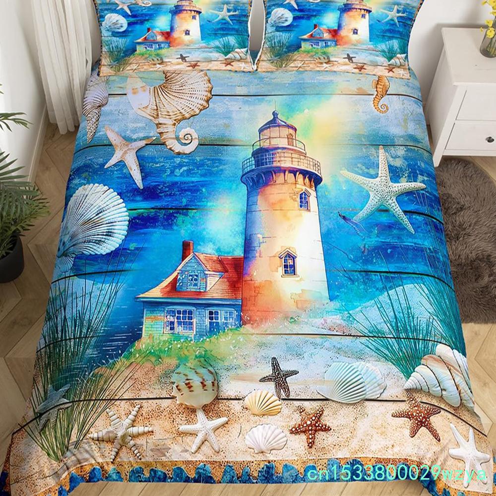 Seaside Town Landscape Bedding Set Flowers Rustic Duvet Cover Coastal Style Island Comforter Cover Ocean Scenery Quilt Cover