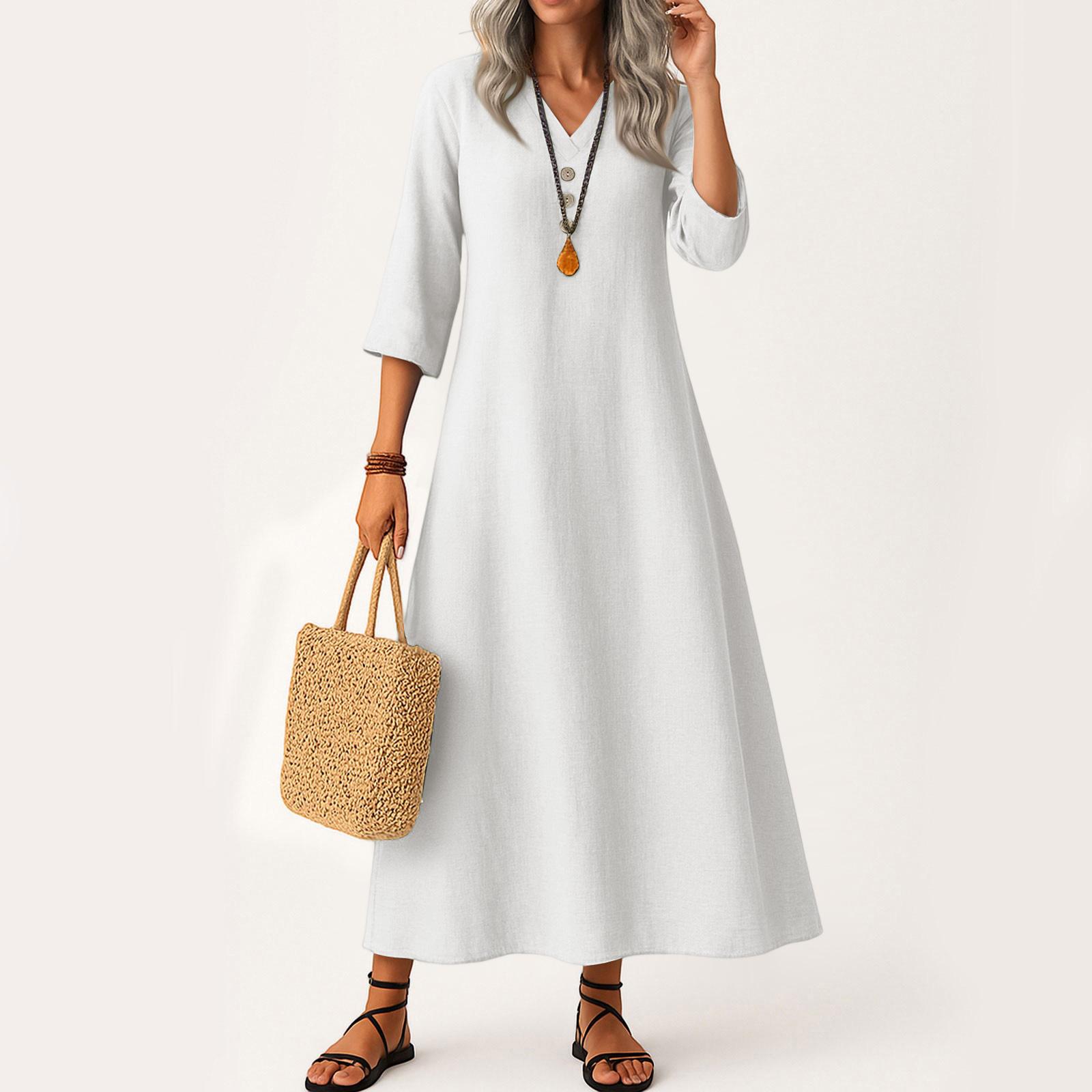 

Платье для женщин длинное бохо пляжное платье элегантное макси-платье V-образный вырез рукав 3/4 XL белый