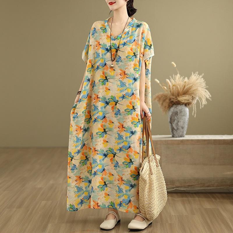 Krátký rukáv Nadměrná velikost vintage květinová novinka v šatech pro ženy ležérní volné Maxi dlouhé letní šaty
