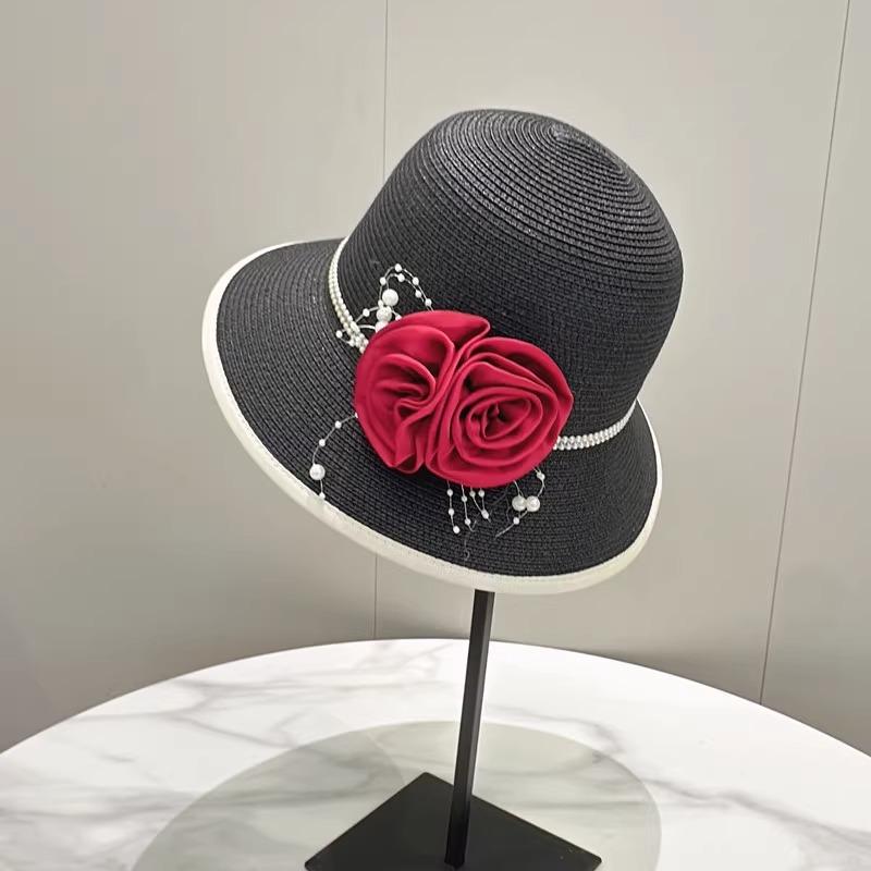Vintage Rose Bucket Hat Women's Summer Sunshade Sunscreen Fashion Hepburn Style Straw Hat Straw Braided Bowler Hat