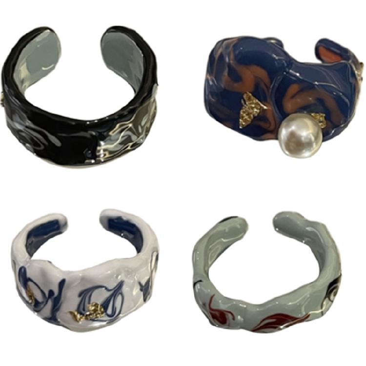 Elegant Dripping Oil Open Ring with Gold Foil Adjustable Ceramic Finger Ring Trendy Jewelry for Fashion Enthusiasts