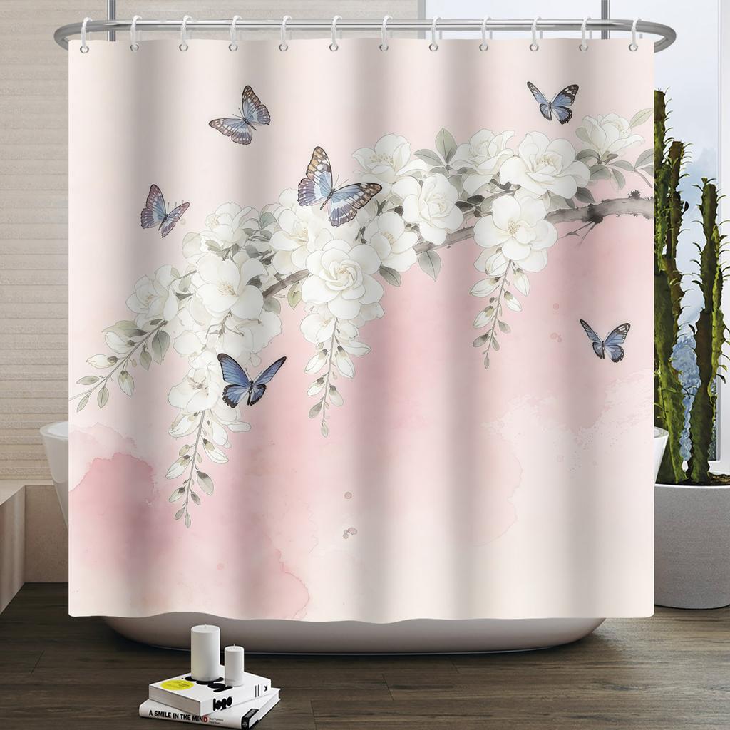 Fashion Modern Plant Shower Curtain Colorful Butterfly Flowers Shower Curtains Bathroom Decor Waterproof With 12 Hooks Curtains