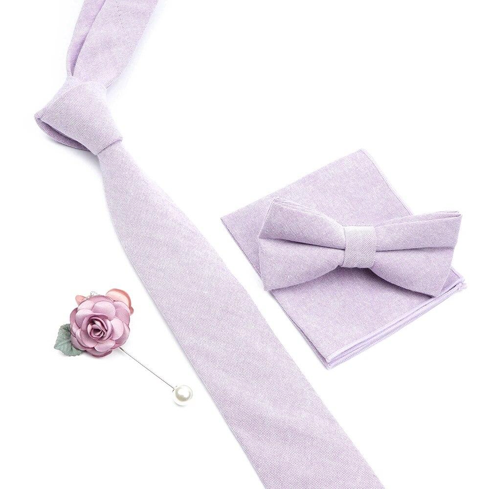 Solid Color Cotton Necktie Set For Men Tie 4pcs Hanky Cufflinks Rhinestone FLoral Brooch Tie Set