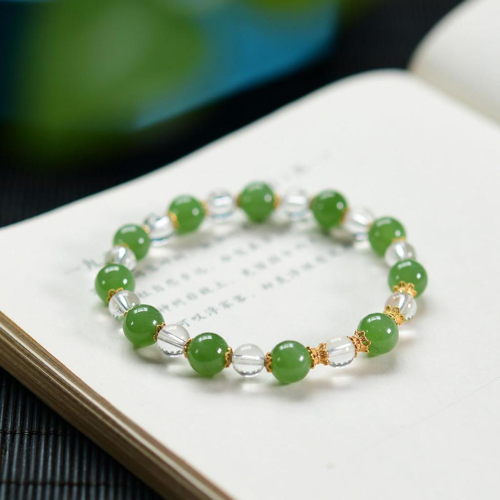 Fresh Natural Hetian Jade & White Crystal Bracelet with 925 Silver Spacers