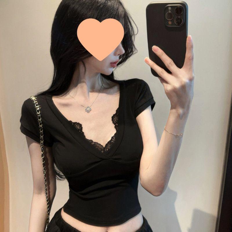 2025 Summer Sexy Lace V-Neck Cropped Top for Women - Slim Fit Short Sleeve