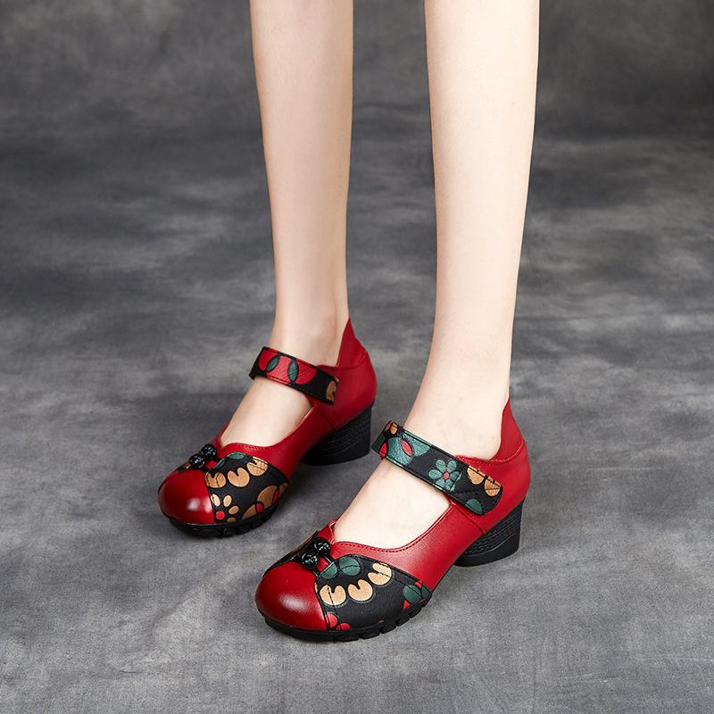 Etnisk stil Damesko Tykkhælet Myk såle Borrelås Overdel Lag kuskinn Sklisikker Slitesterk Lærsko