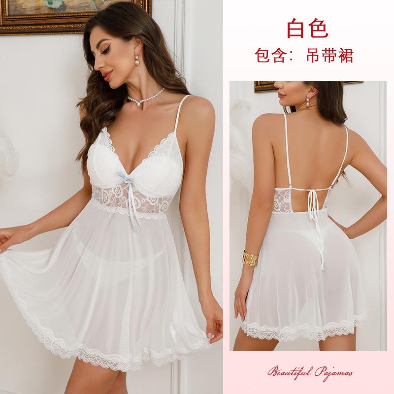 Multi-Style Sexy Lace Mesh Nightgown Deep V High Slit Print Cami Pajamas Women's Loungewear Versatile Seductive Sleepwear Collection with Diverse