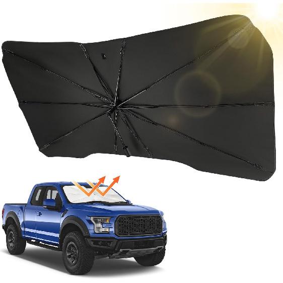JOYTUTUS Windshield Sun Shade Umbrella, Fit for Ford 2015-2025 F150 F250 F350, Front Window Sun Shade with 360° Rotation Bendable Shaft, Titanium