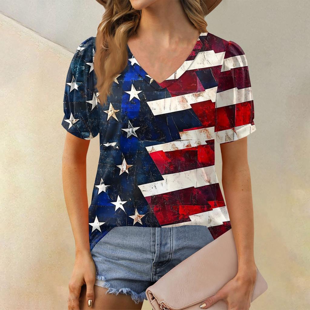 Women's Fashion Independence Day Print Top Puff Short Sleeve V-neck T-shirt Loose Casual T-shirt