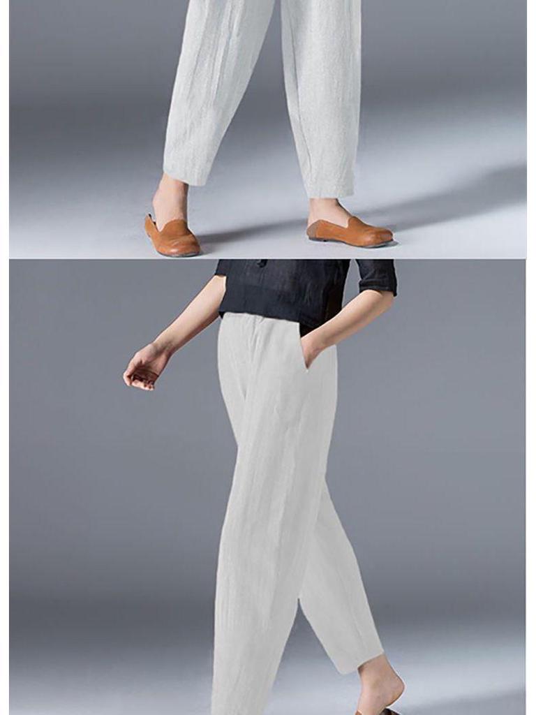 Damen Frühlings-Baumwoll-Leinen High Waist Schlankmachende Haremshose - Locker, Vielseitig, Große Größen Cropped Karottenstil