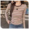 Women's Retro Color Block Striped Long Sleeve Slim Fit T-shirt for Autumn and Winter