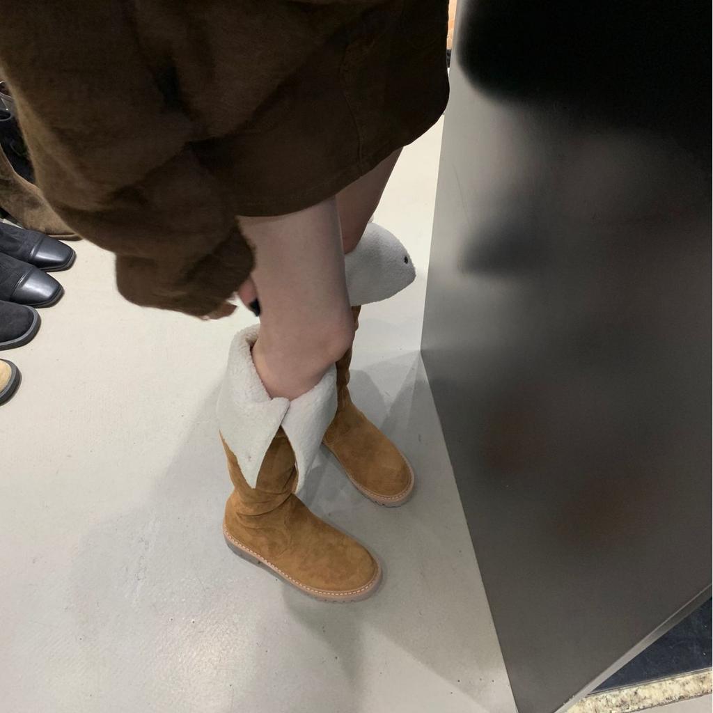 2025 podzim a zima nové kulaté špičky chlupaté boční zip silný podpatek vysoká holenní část Martin teplé sněhové dámské rytířské boty