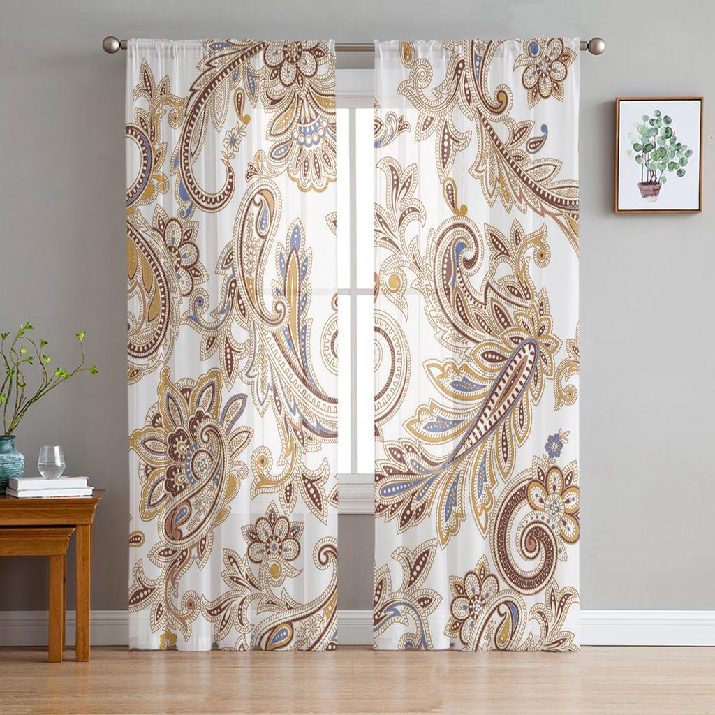 Bohemian Retro Ethnic Tulle Curtains For Living Room Voile Sheer Window Curtain For Bedroom Chiffon Curtains For Kitchen