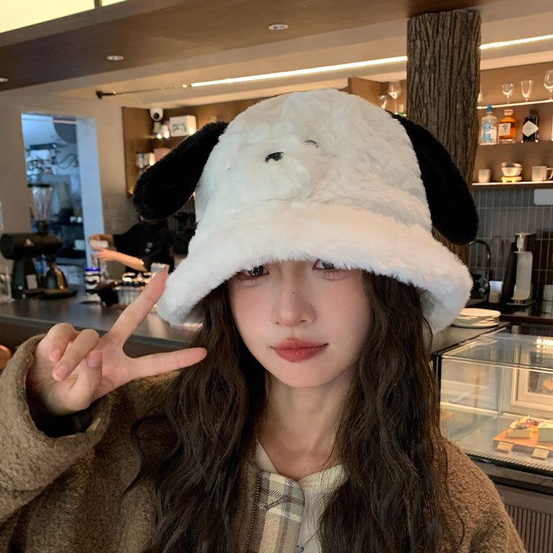 Autumn and Winter Puppy Ears Bucket Hat Female Big Head Circumference Plush Bucket Hat Cute Face Small Warm Hat