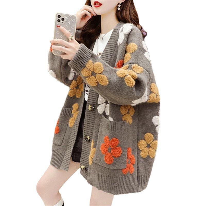 Women's Color Block Jacquard Knit Cardigan - Korean Style Loose Fit for Autumn and Winter.