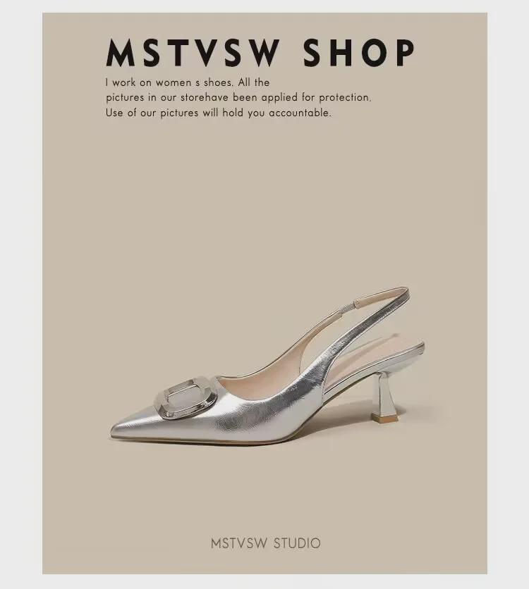 Damen Sandalen im französischen Stil mit niedrigem Absatz, atmungsaktiv, Stiletto, mit Schnallenriemen