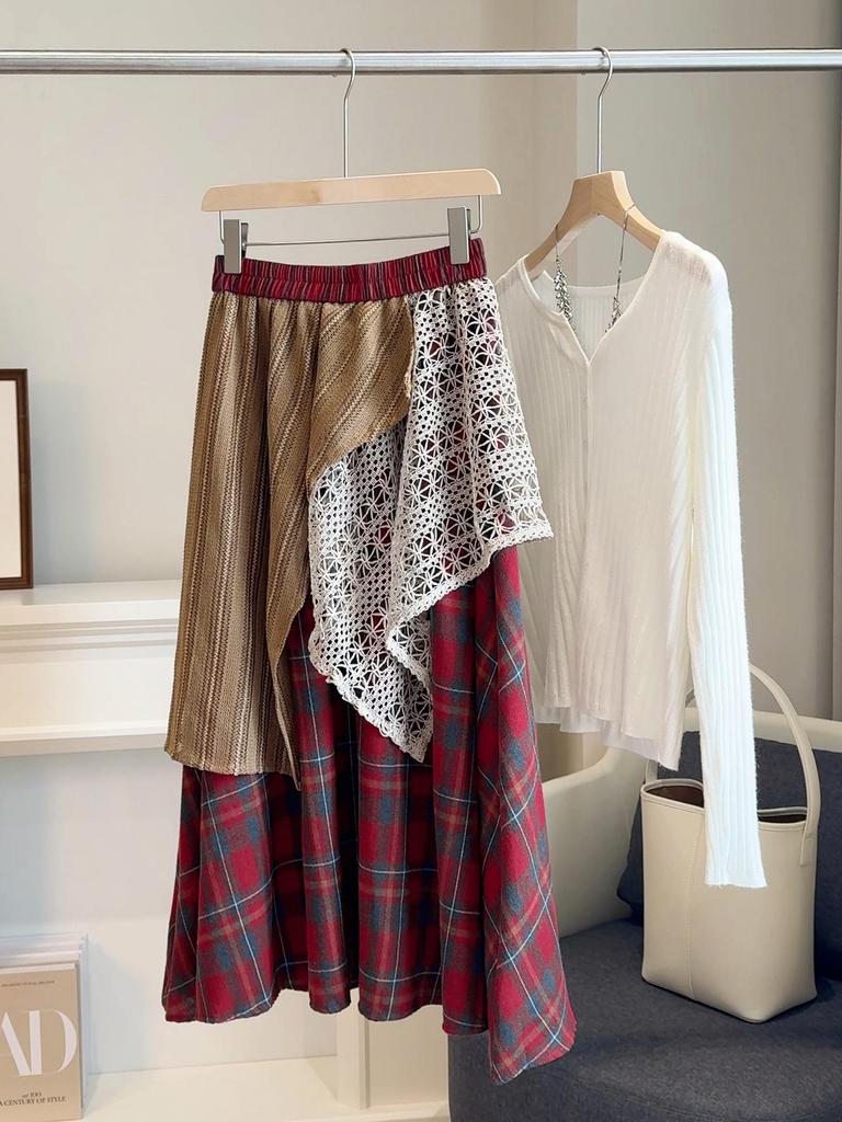 Autumn/Winter 2025 Women's Layered Irregular Color Block Plaid Midi Skirt
