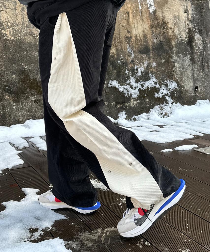 PEACEOFMIND Side Snap Button Wide Corduroy Pants (Cream & Black)