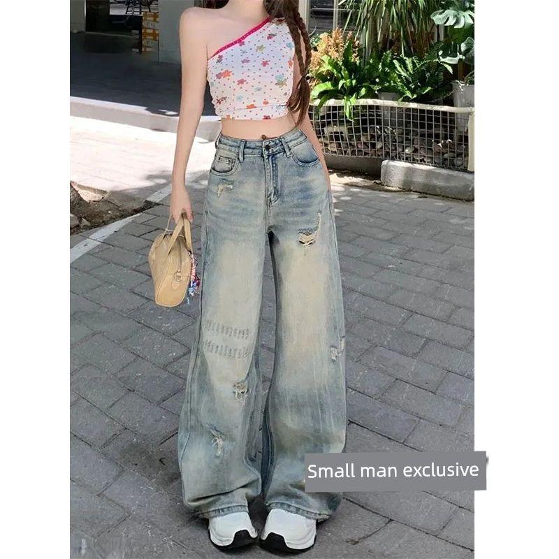 American Retro Blue Ripped Niche Design Wide Leg Denim Female High Waist Loose and Slimming Scratch Straight-Leg Pants Summer