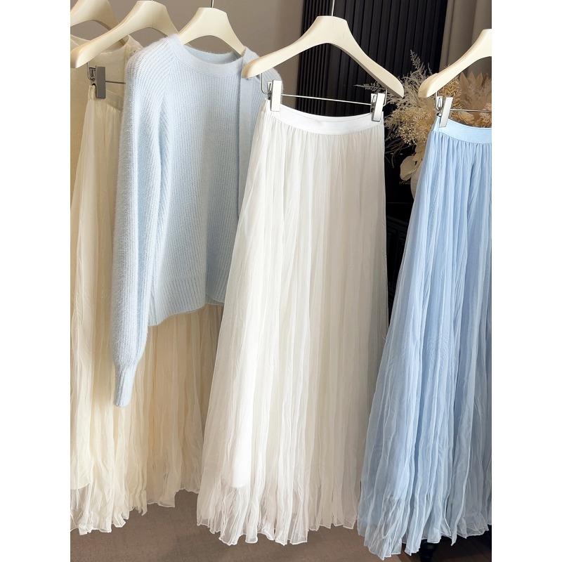Super fairy mesh yarn solid color pleated skirt women's spring and summer new high waist and thin A word to cover the hips medium and long skirt