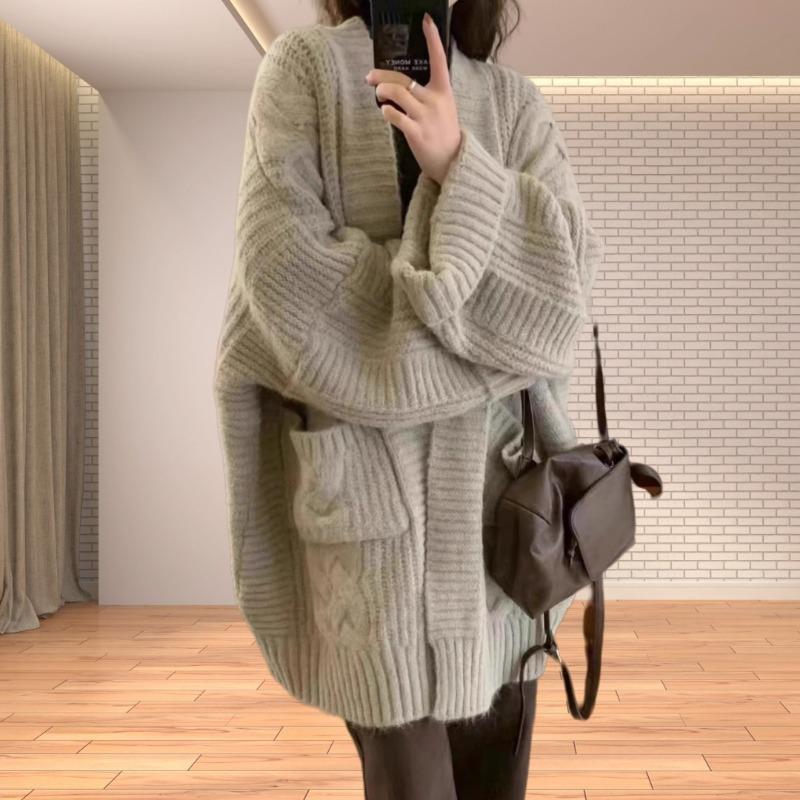 Korean Sweater Lazy Style Loose Knitted Sweater Cardigan Women's Coat Mid-length Thickened Autumn and Winter Outerwear