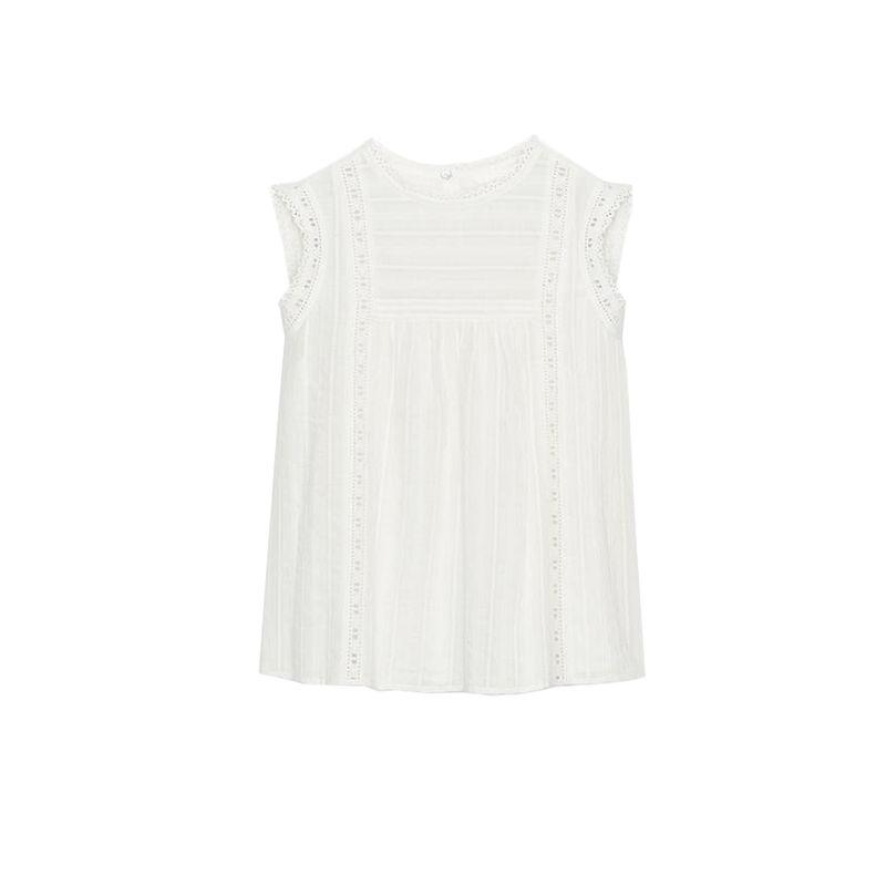 Summer New Product Women's Clothes Romantic Style Frill Decoration Vertical Lacework round-Neck Sleeveless Tops 1821121