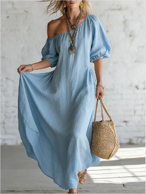 Women Elegant Off Shoulder Lantern Sleeve Loose Solid Color Vacation Long Dress